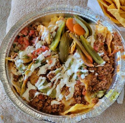 Super Nachos, with Ground Beef and Refried Beans,  + free chips