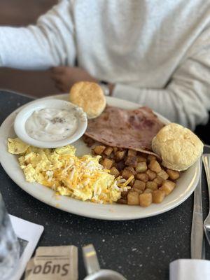 Egg Plate with Ham and sausage gravy