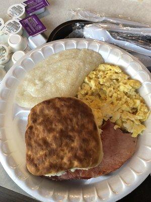 2 egg platter - ham, biscuit, grits