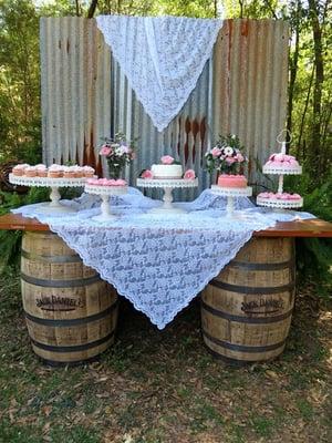 Rusty Tin Backdrop and Whiskey Barrels!  The perfect combination for a Rustic Chic Wedding Dessert Table!  Rentals by Its Personal Wedding!