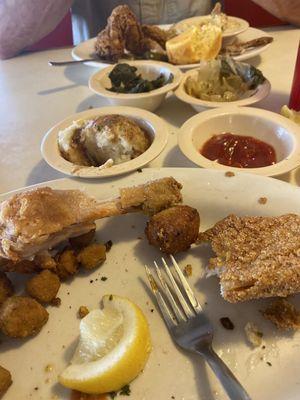 Fried chicken, fried catfish mixed greens with mac & cheese and gravy, chicken and dumplings, fried okra