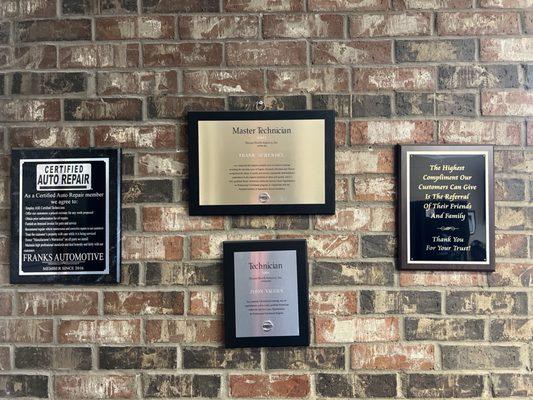 Certified Auto Repair and Master Technician plaques