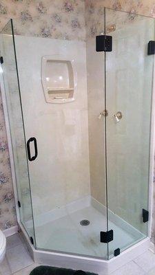 Heavy Glass Shower Door with Two Panels. Oil Rubbed Bronze Finish with C-Pull Handle.