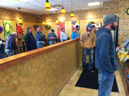 Line out the door, all dudes - pretty much sums up Subway in the Bakken  ;)