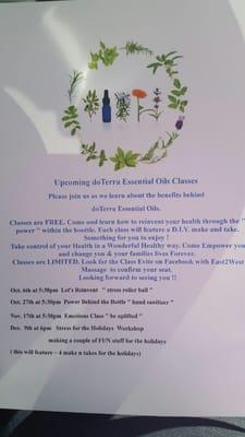 Tonight and upcoming essential oil classes at East2West!