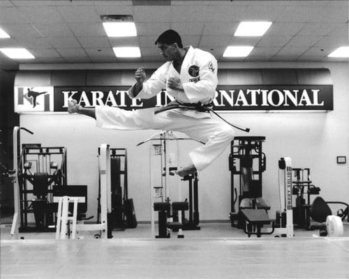 Sensei Rowe of Karate International of West Raleigh doing a flying side kick