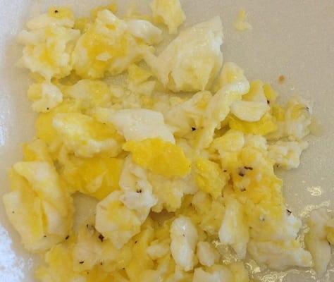 Scrambled not overly beaten beforehand you can really taste the egg flavor 2nd visit cook over beat & had watery eggs still good