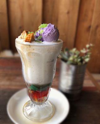 Vegan Halo Halo: Filipino shaved ice dessert w/ coconut milk, jackfruit, jellies, ube ice cream, leche flan | $10