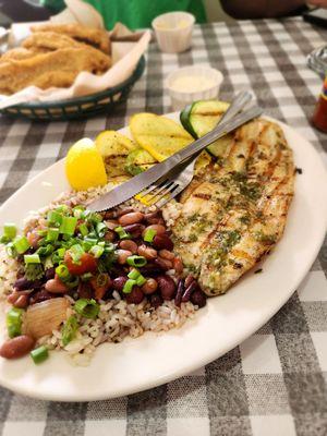 Grilled Catfish, Red Beans n Rice, Grilled veggies.