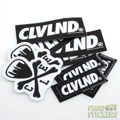 An assortment of custom vinyl stickers for CLE Clothing Co.