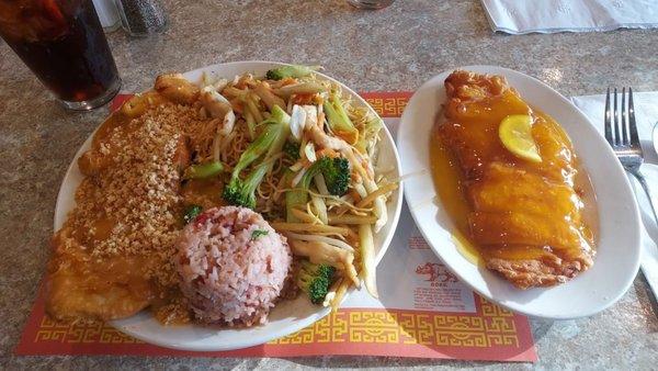 #2 Dinner Combination with Chicken Lo Mein , Almond Fried Chicken and Pork Fried Rice and Lemon chicken