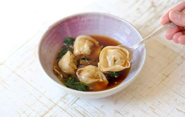 Miso Black Cod dumplings in bacon dashi broth