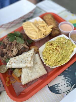 Pulled pork plate with slaw and Mac and an egg roll