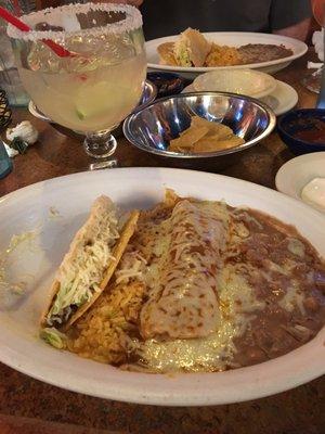 Enchilada, regular tacos rice and beans. Regular margarita.