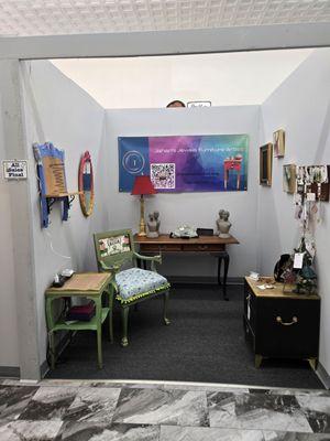 New booth and upcycled furniture and handmade jewelry.