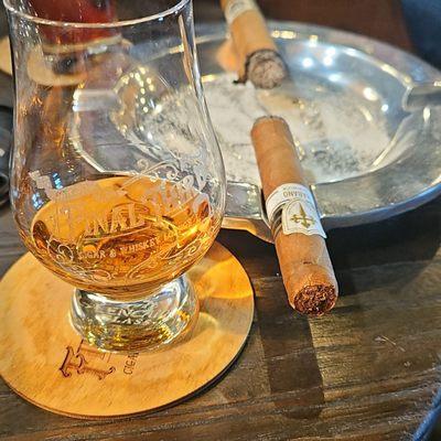 The pour is a phenomenal pick of Apple Brandy by Spirits of French Lick and the cigar is from All Saints Cigars.