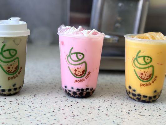 matcha, strawberry, and mango milk tea