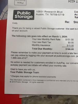 After being with a facility for four months, my rate jumped from 123 to 166 while the unit is still being offered for a lower price online.