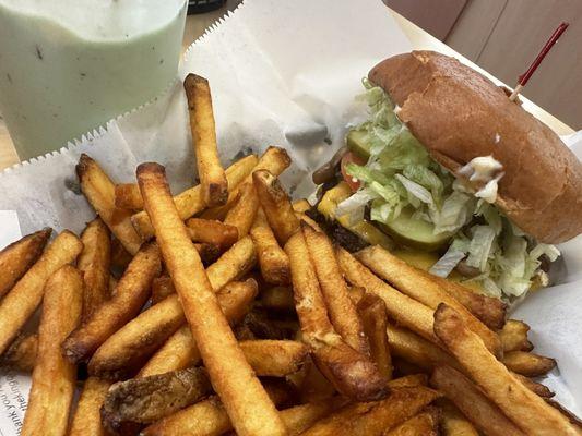 1/2 lb Cheeseburger with fries, mint chocolate chip shake.