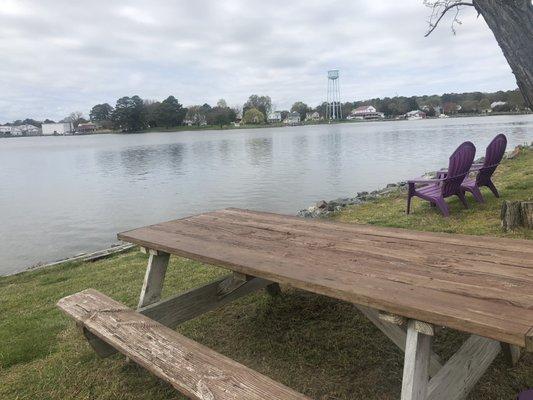 Picnic tables next to the water.