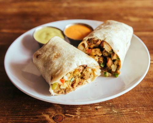 Verde Burrito: Carne Asada, Potatoes, Black Beans, Verde Sauce, & Flour Tortilla