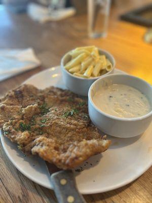 Chicken fried steak with macaroni