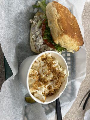 Chicken salad on a potato roll & Mac and Cheese