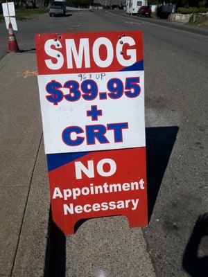 Smog deals at $48.20 (including certificate) for 1996 and newer vehicles. NO appointment necessary.