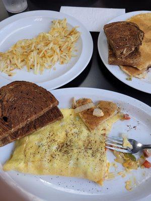 Western omelet, hash browns, pancakes