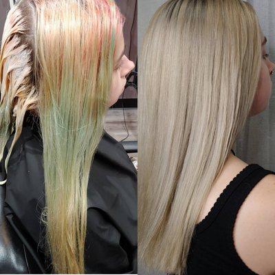 Color correction from pink/green to clean blonde