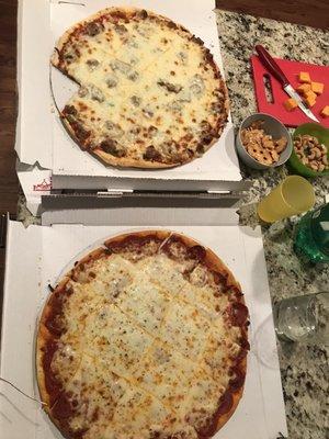 Pizza two different sizes.