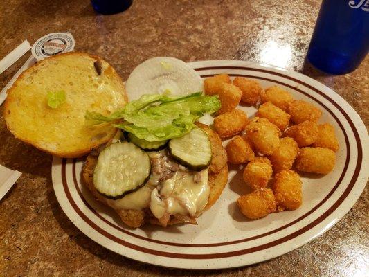 Chicken fried steak swiss mushroom burger