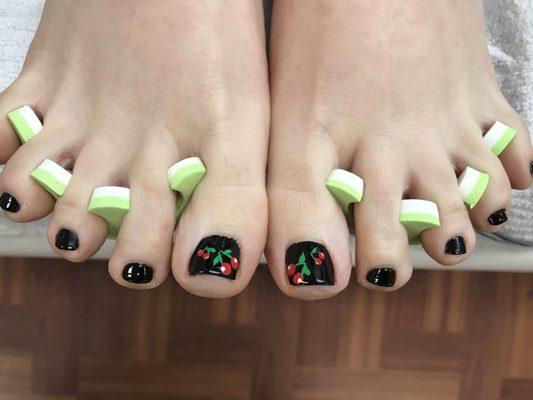 Pedicure with cherry design!!!! I am a copy cat. Copy from one of their previous clients's toe design.