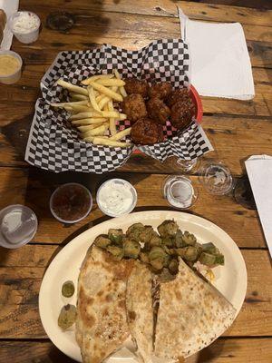 Chicken quesadilla, fried okra, & boneless wings