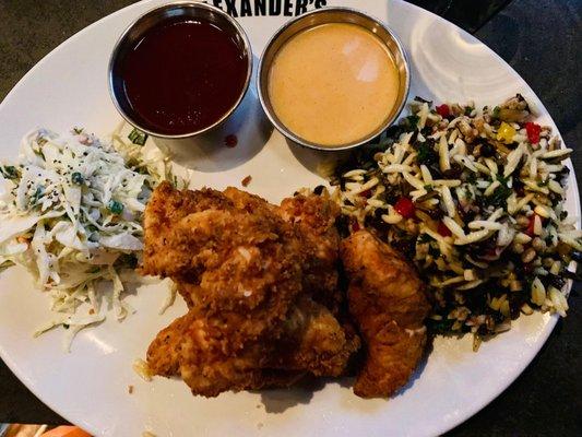 chicken fingers with coleslaw and orzo/wild rice