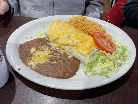 Breakfast Burrito, rice and refried beans