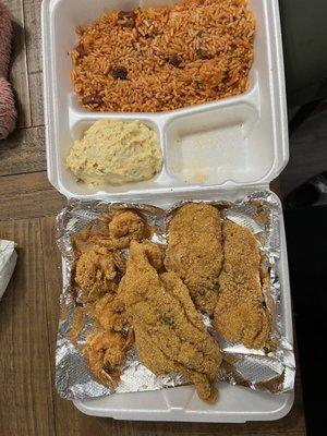 Catfish, shrimp, jambalaya and potato salad