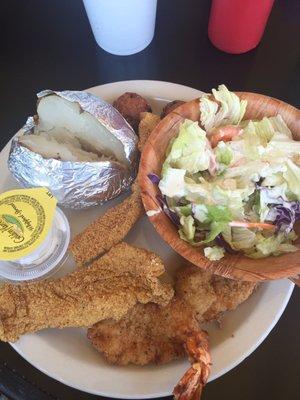 Catfish, shrimp, hush puppies, salad, and baked potato!