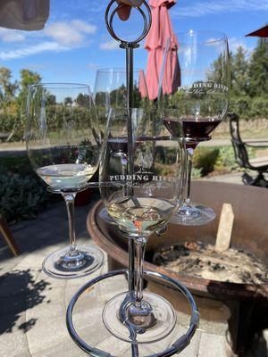 Wine flight. Stainless steel, Cuvée, estate Pinot noir, and reserve Pinot noir. All amazing!