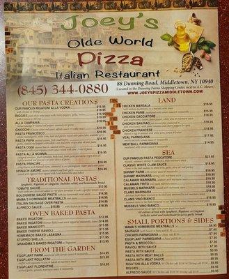 Menu, small portions, land & sea entrees, pizza & pasta