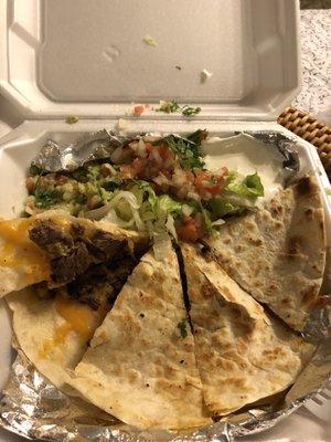 Steak Quesadilla - lacking in cheese & dry but overall good when eaten with all the fixings.