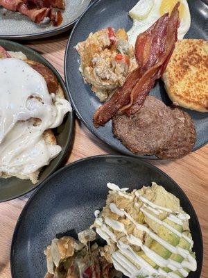 Bottom: Green Chili Enchilada  Middle right: Texas 2x4  Middle left: Biscuit Gravy Top: Appetizer- Twisted Bacon