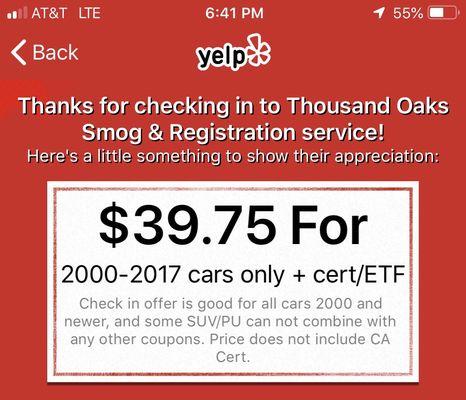 Yelp Check in Promo.  Clearly my 2011 Ford Taurus did not qualify.  They charged me $49.95.