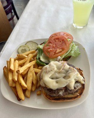 Artichoke burger with fries.