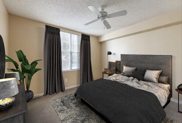 Virtually staged bedroom with floor rug, bed, night stands, desk lamps, multi speed ceiling fan, and large window with curtains