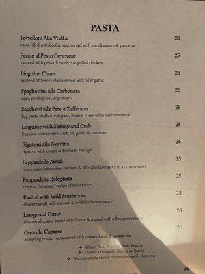 Pasta menu