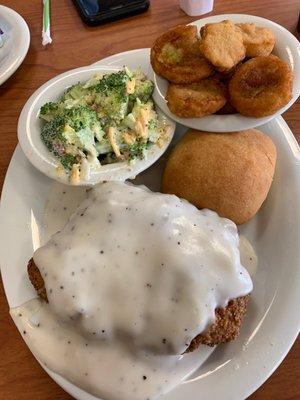 How about Cajun style chicken fried steak with andouille sausage gravy! Fried zucchini and a broccoli salad.