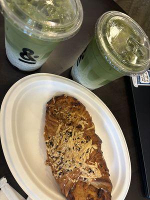 Lavender Matcha Matte, Matcha Latte, Pizza Croissant