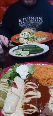 My Mexican enchalada meal and Bill's taco/tostada meal with chili toriados.