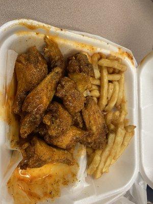 10 wings and fries Hot and lemon pepper mix on the sauces